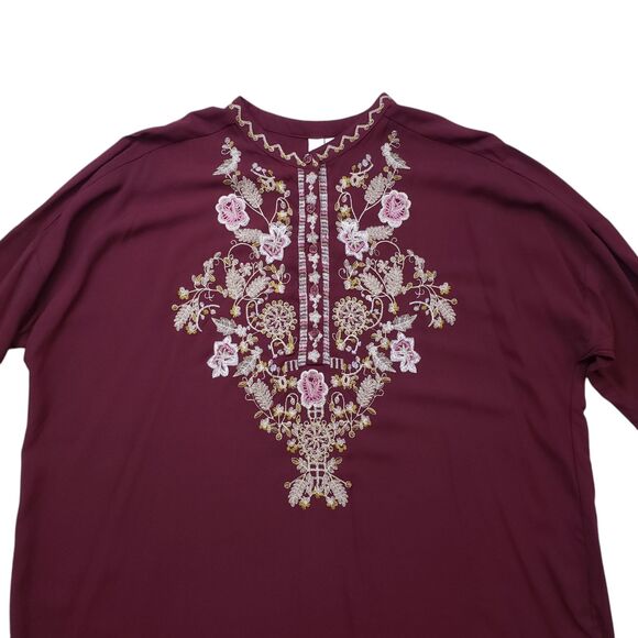 Grand & Greene Tunic Top Large Burgundy Floral Embroidered Button Front - Picture 9 of 13